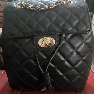 GUESS Quilted Black Backpack with Gold Chain & Turn-Lock